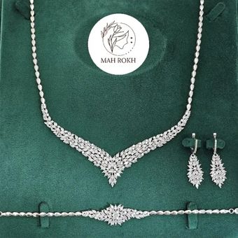 سرویس نقره جواهری زنانه مجلسی نگین های مارکیز و برلیان 33.6 گرمی نقره اصل 925