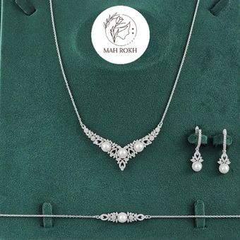 سرویس نقره زنانه مرواریدی میکرو با نگین های برلیان و مارکیز 15.6 گرمی نقره اصل 925