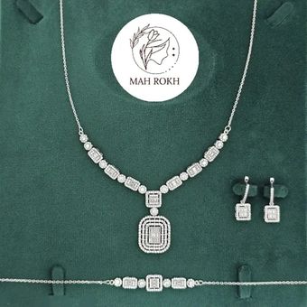 سرویس نقره زنانه میکرو با نگین های برلیان و باگت 23.9 گرمی نقره اصل 925