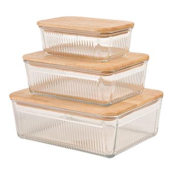 ست ظرف شیشه ای مستطیل درب چوبی مدل شیاردار