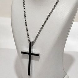 گردنبند صلیب خطی استیل مشکی سفید