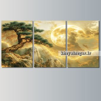 تابلوی زیبای خورشید و درخت روی صخره ها / سه تکه _ کد T31