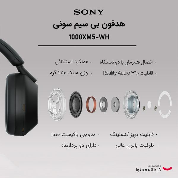 هدفون بیسیم سونی مدل WH-1000XM5 با نویز کنسلینگ فعال (ANC)، درگاه شارژ USB Type-C، دارای 4 میکروفون با فناوری Beamforming، پشتی