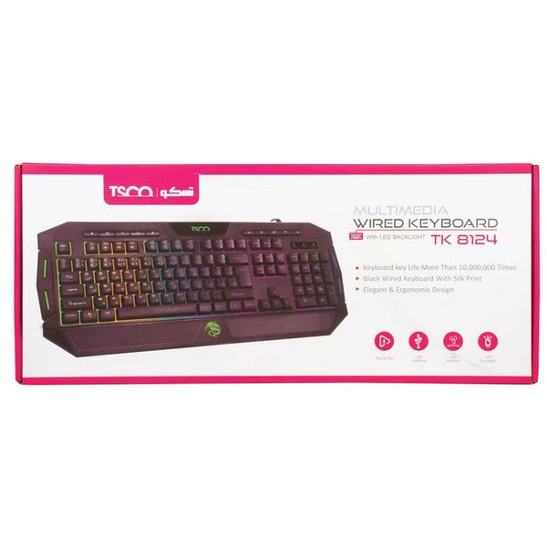 کیبورد گیمینگ تسکو مدل TK 8124، سوییچ ممبران، Full-Size، نورپردازی RGB LED