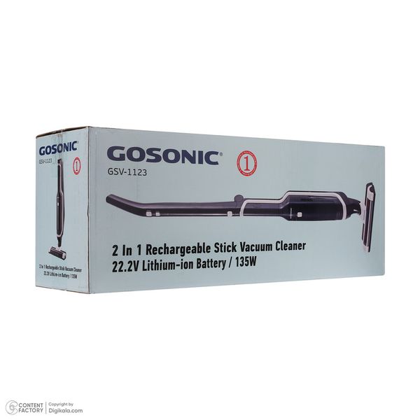 جارو شارژی عصایی گوسونیک مدل GSV-1123 با باتری لیتیوم-یونی 22.2 ولت و ظرفیت 2200 میلیآمپرساعت، فیلتر HEPA، بدنه ترکیبی پلاستیک