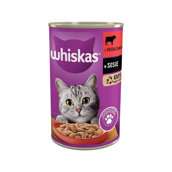 کنسرو گربه بالغ ویسکاس با طعم گوشت گاو در سس / Whiskas canned wet cat food with beef in gravy