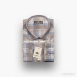 پیراهن مردانه چهارخانه مردانه رنگ کرم پارچه کتان