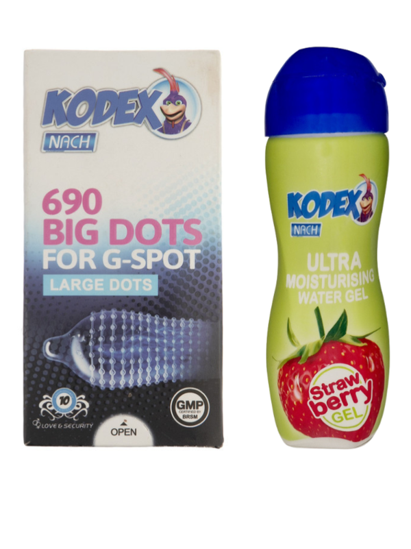 پک زناشویی اقتصادی (یک عدد کاندوم خاردار کدکس + ژل لوبریکانت توت فرنگی کدکس)