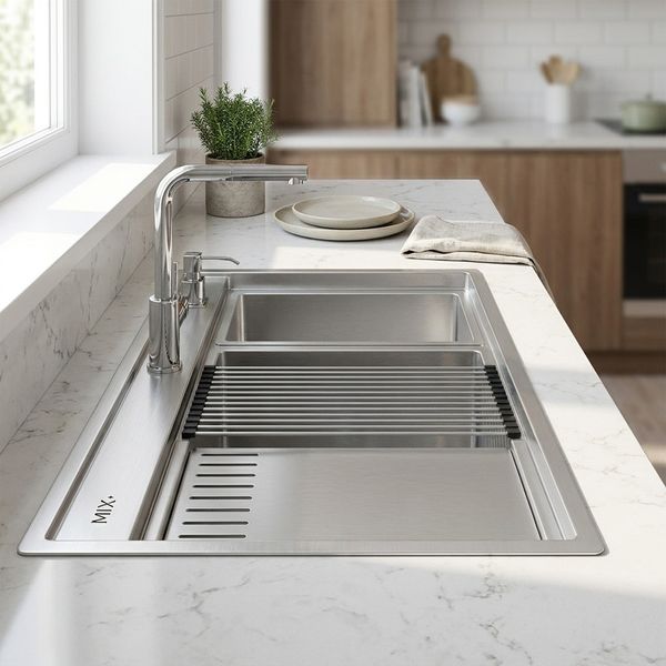 سینک ظرفشویی استیل توکار دو لگنه میکس پلاس مدل D90