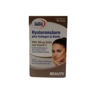 کپسول مکمل پوست، مو و ناخن یوروویتال مدل Hyaluronsäure Plus Kollagen & Biotin بسته 30 عددی با هیالورونیک اسید 50mg، کلاژن ه*14