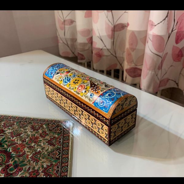 قلمدان خاتم کاری روی چوب طرح گل و مرغ برجسته
