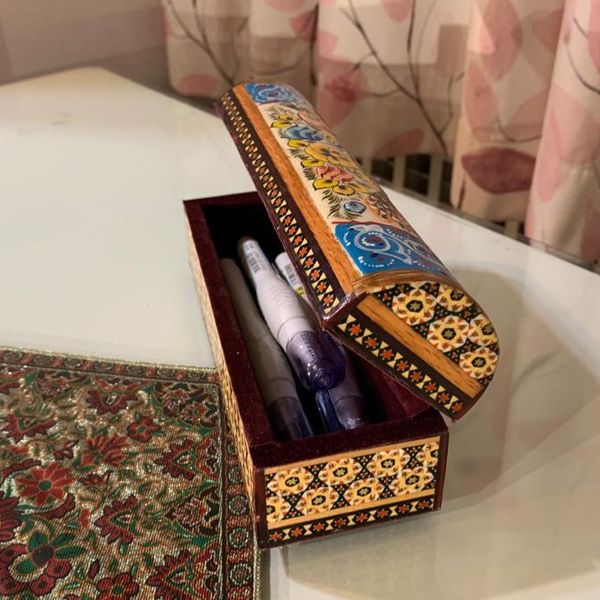 قلمدان خاتم کاری روی چوب طرح گل و مرغ برجسته