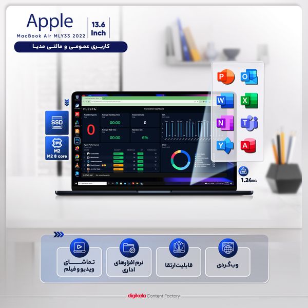 لپ تاپ 13.6 اینچی اپل مدل MacBook Air MC7U4 2022 LLA-M2-16GB RAM-256GB SSD