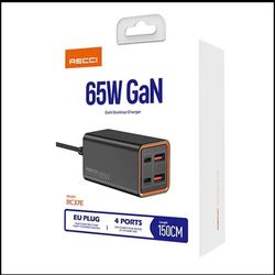 پاور هاب سوپر فست شارژ 2 پورت تایپ سی و 2 پورت یو اس بی 65 وات رسی Recci RC37 65W GaN Desktop Charger Recci RC37 65W GaN