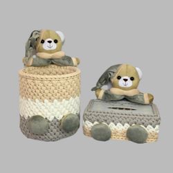 ست جعبه دستمال کاغذی و سطل بافتنی کد 67 مجموعه 2 عددی