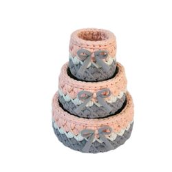 سبد قلاب بافی تریکو مدل کجراه  نیلوفر کد 02 مجموعه 3 عددی