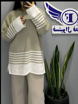 ست بلوز و شلوار ریز بافت پایین راه راه برند M&M