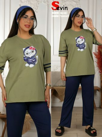 ست تیشرت و شلوار بگ زنانه طرح گربه