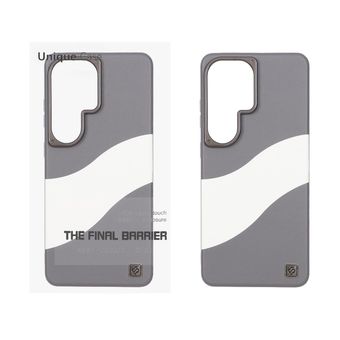 قاب اورجینال Unique Case چرمی دورنگ لوگو فلزی لنز برجسته Samsung Galaxy S26 Ultra - خاکستری سفید (پک دار)