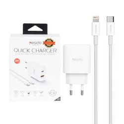 شارژر دیواری فست و PD دو پورت Yesido مدل YC47 20W به همراه کابل شارژ Type-C To Lightning - سفید