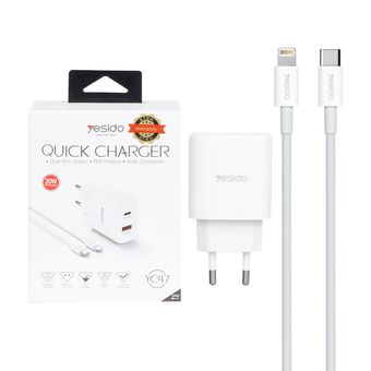 شارژر دیواری فست و PD دو پورت Yesido مدل YC47 20W به همراه کابل شارژ Type-C To Lightning - سفید