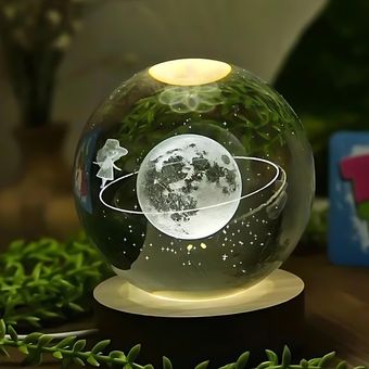 چراغ خواب مدل گوی کریستال 3D طرح ماه و دختر