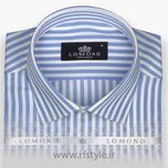 پیراهن مردانه راه راه درشت آبی‌آسمانی-سفید پارچه کتان