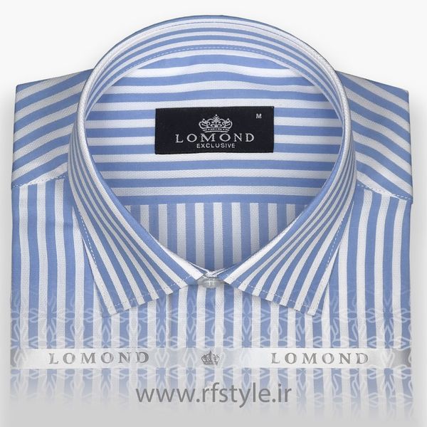 پیراهن مردانه راه راه درشت آبی‌آسمانی-سفید پارچه کتان