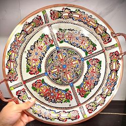 سینی مسی گرد بزرگ مینا نقره کوب