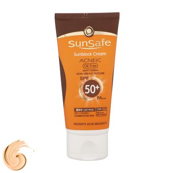کرم ضد آفتاب رنگی سان سیف، مدل SPF50، مناسب پوست چرب، مختلط و دارای آکنه تنالیته رنگ روشن و حجم 50 میلی‌لیتر، محافظت کننده در ب