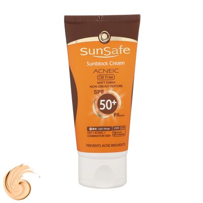 کرم ضد آفتاب رنگی سان سیف، مدل SPF50، مناسب پوست چرب، مختلط و دارای آکنه تنالیته رنگ روشن و حجم 50 میلی‌لیتر، محافظت کننده در ب