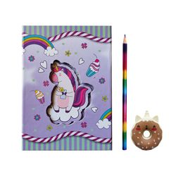 دفتر خاطرات 100 برگ سویل طرح تک شاخ مدل جعبه دار به همراه مداد چهار رنگ و پاک کن تک شاخ کد 704 بسته 3 عددی