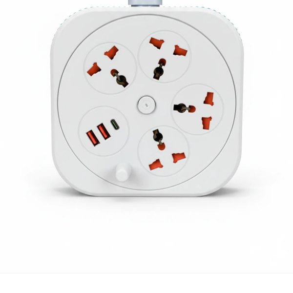 چندراهی برق چرخشی مدل A107 | سیم جمعشو 2 متری | 2500 وات | 4 پریز یونیورسال + 2 USB فست + تایپسی | محافظ کودک