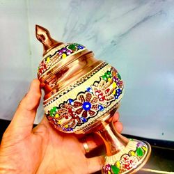 قندان مسی پایه دار الماس تراش ومینا کاری