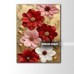 تابلو شاسی گل های سرخ و سفید با زمینه طلایی سایز 40*30 سانتی متر  _ کد C72