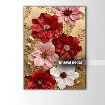 تابلو شاسی گل های سرخ و سفید با زمینه طلایی سایز 40*30 سانتی متر  _ کد C72
