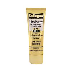 کرم ضد آفتاب بدون رنگ کلاژن spf90 مدل Ultra Protect محافظت کننده در برابر اشعه UVA و UVB مناسب برای انواع پوست‌ حجم 100 میلی لیت