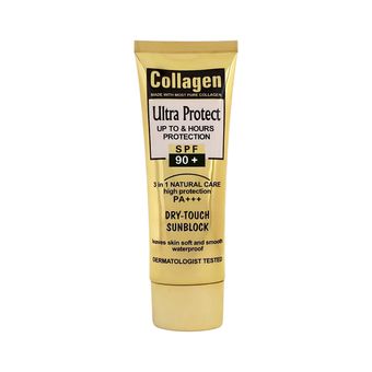 کرم ضد آفتاب بدون رنگ کلاژن spf90 مدل Ultra Protect محافظت کننده در برابر اشعه UVA و UVB مناسب برای انواع پوست‌ حجم 100 میلی لیت