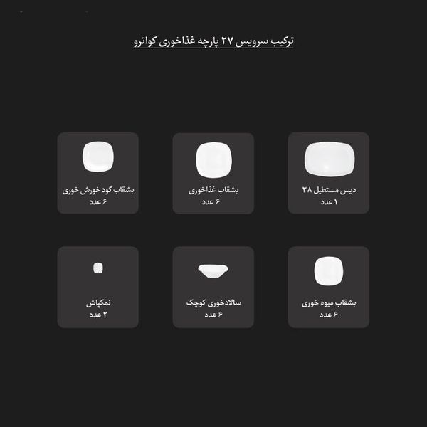 سرویس غذاخوری 27 پارچه چینی زرین ایران سری کواترو مدل montecarlo 2