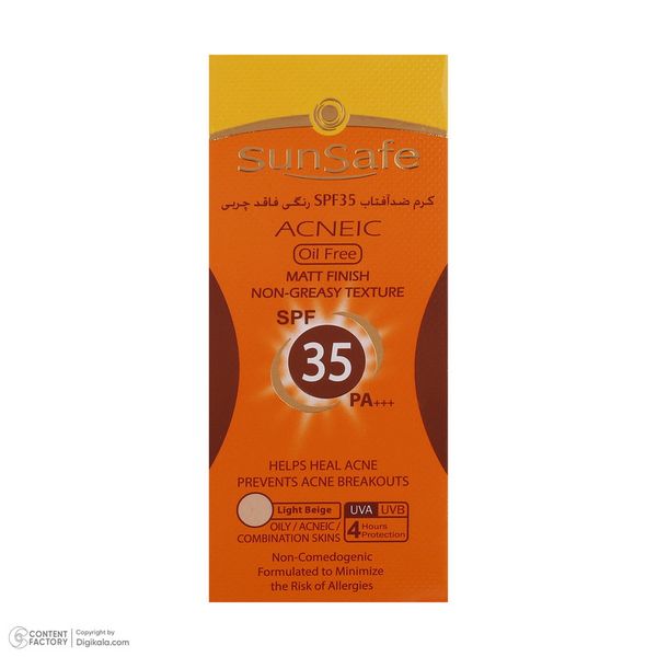 کرم ضدآفتاب رنگی سان سیف، مدل 35 SPF، مناسب پوست چرب، جوشدار و مختلط تنالیته رنگ روشن و حجم 50 میلیلیتر، محافظت کننده در برابر