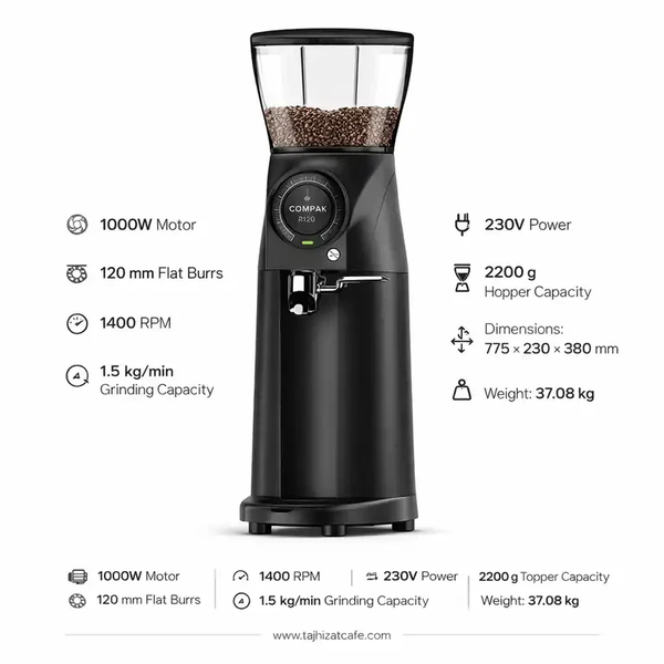 آسیاب قهوه فروشگاهی و صنعتی کامپک Compak R120 با تیغه 120 میلیمتری و موتور 1000 وات