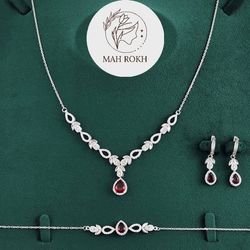 سرویس نقره زنجیری زنانه با نگین های برلیان 15.8 گرمی نقره اصل 925
