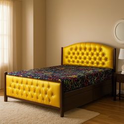 تخت خواب دو نفره لمسه کاری دکمهدار پارچه چرم