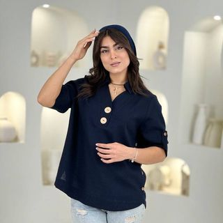 شومیز لینن دکمه چوبی