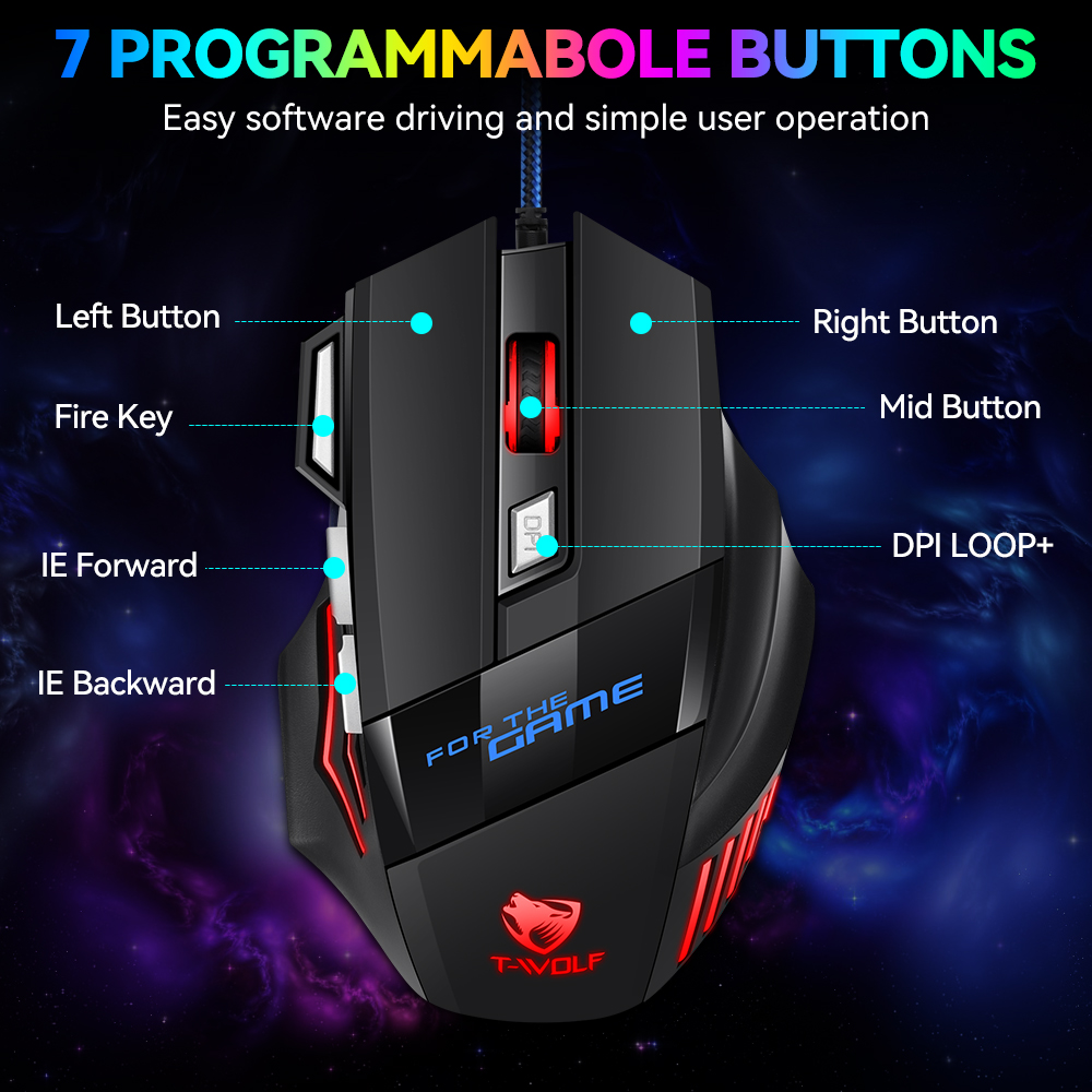 ماوس گیمینگ 7 کلید  |  T-WOLF M1 | RGB | DPI 3600