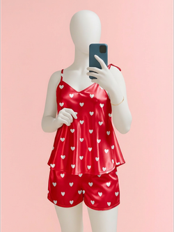 تاپ و شلوارک ساتن قلبی قرمز کلوش N01