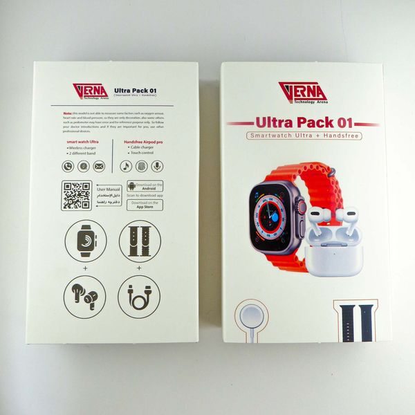 ساعت هوشمند ورنا مدل Ultra pack 01 به همراه هندزفری بیسیم دارای قابلیت های قابلیت مکالمه از طریق بلوتوث، کنترل موسیقی (Music Pla