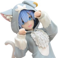 فیگور رم Re:Zero با لباس گربه‌ای | مجسمه دوقلو دکوری دختر انیمه‌ای با گوش و دم گربه 20 سانتی‌متری
