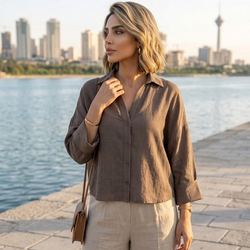 شومیز زنانه نخی مدل افرا قهوه‌ای