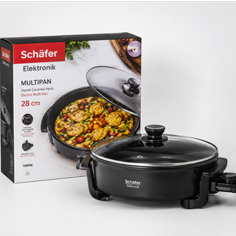 تابه برقی چندکاره شفیر (Schäfer) مدل 28 سانتی‌متری؛ گریل، پخت‌وپز و گرم‌نگهدارنده هوشمند، 1500 وات